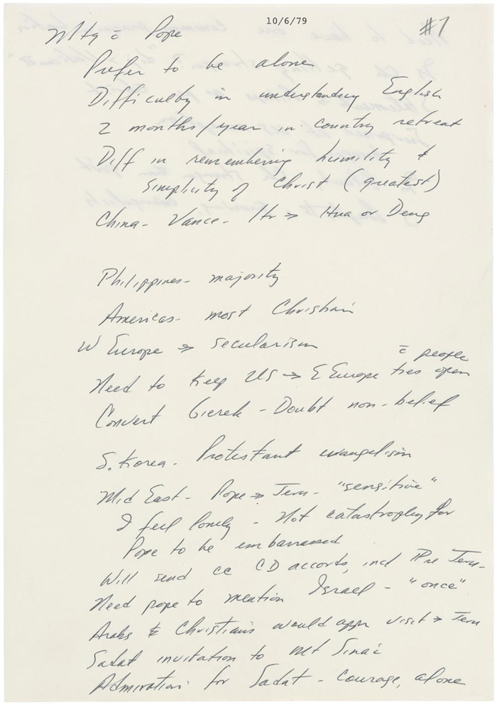 President Jimmy Carter’s notes from his private meeting with Pope John Paul II, October 6, 1979, front