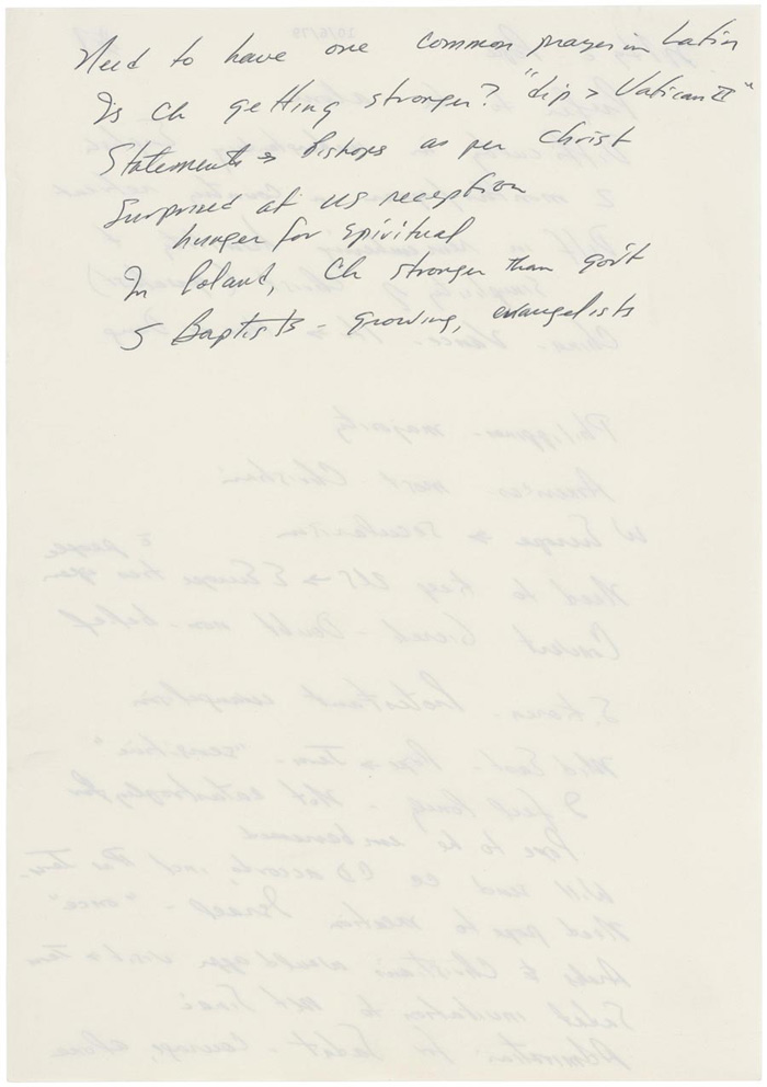 President Jimmy Carter’s notes from his private meeting with Pope John Paul II, October 6, 1979, reverse