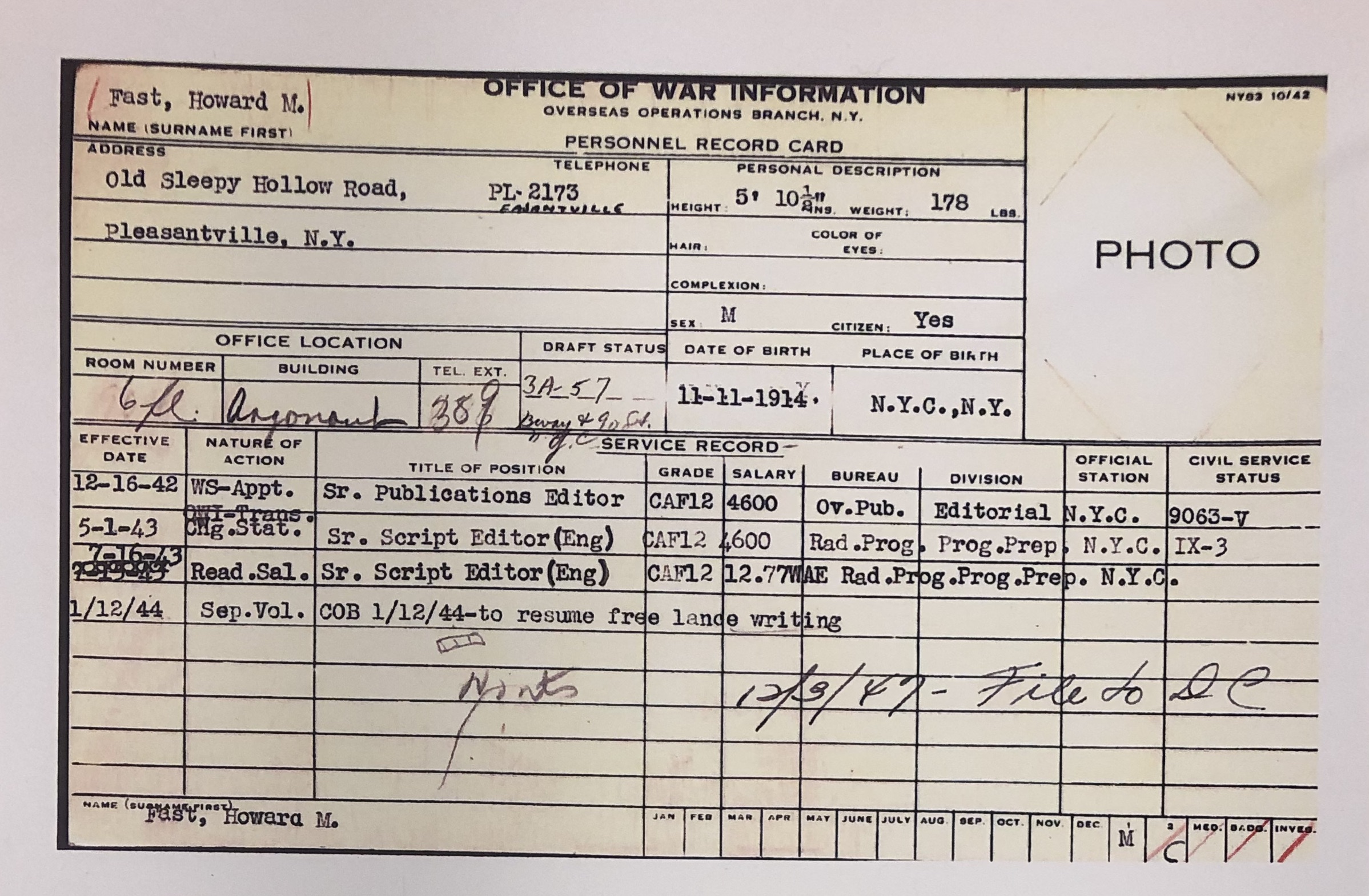 Voice of America at 80 – Howard Fast OWI Personnel Record Card