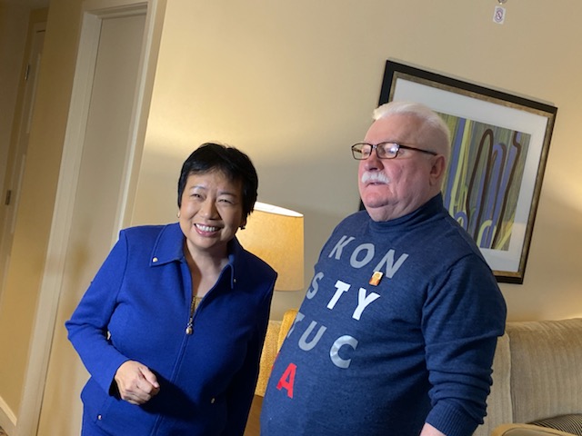 Former Voice of America China Branch Chief Sasha Gong with Former Solidarity Leader and Former Polish President Lech Wałęsa in Washington DC 2019