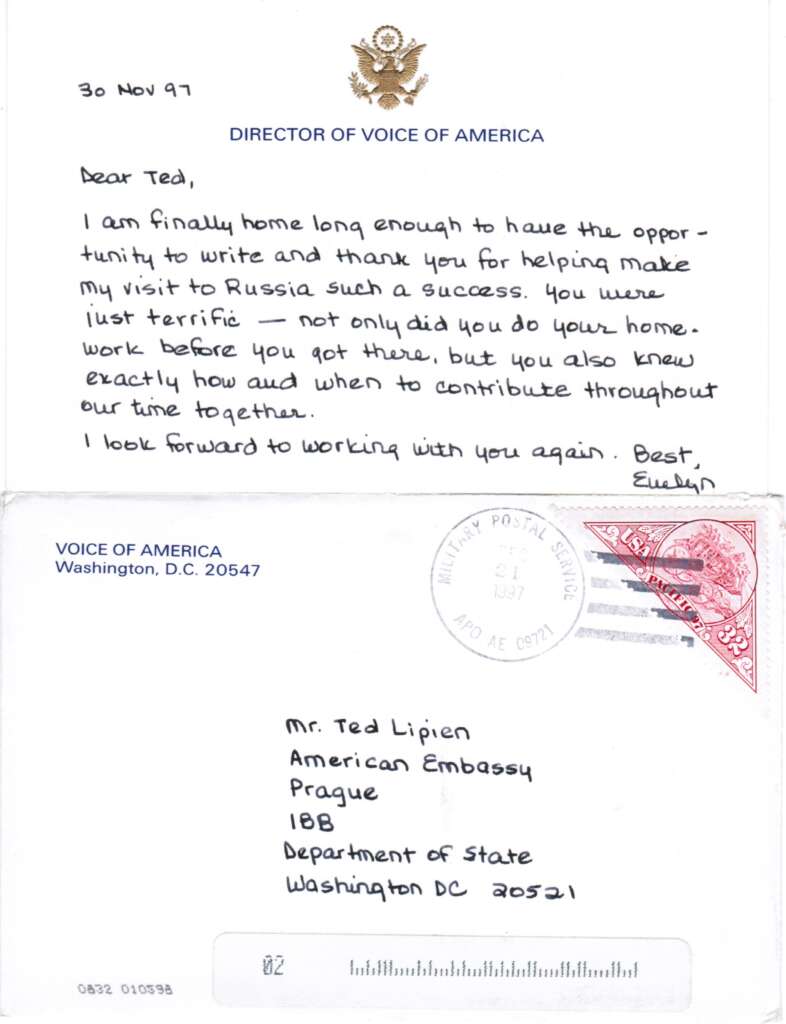 Note from Voice of America Director Evelyn Lieberman to Ted Lipien, 1997.