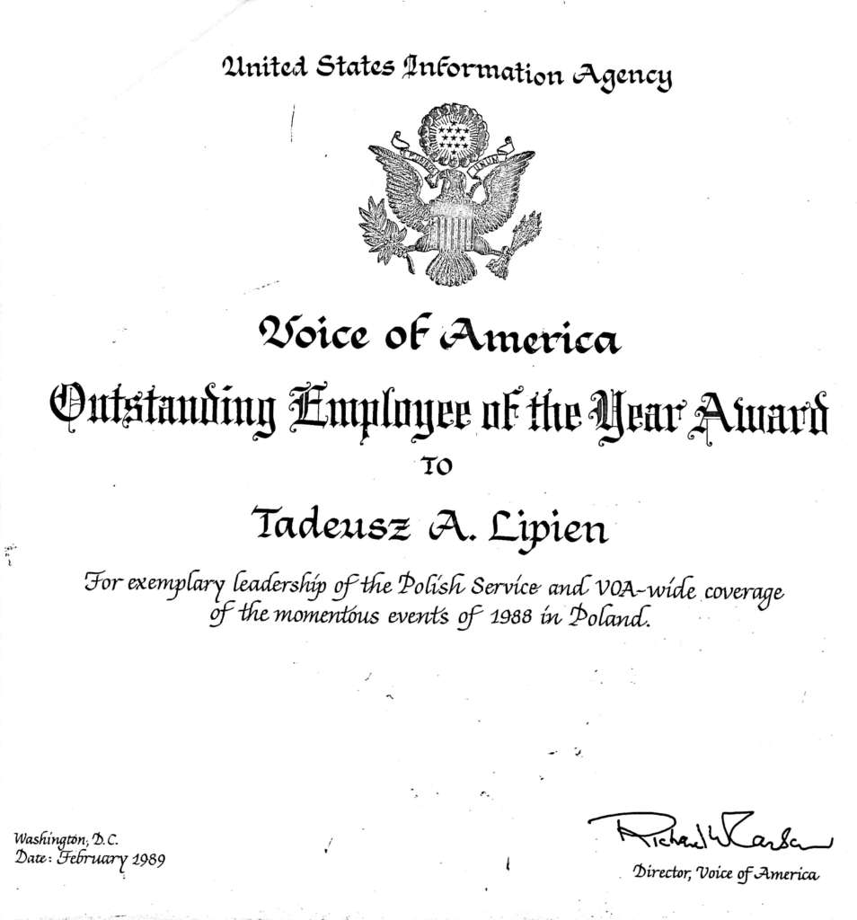 Outstanding Employee of the Year Award for Voice of America Polish Service chief, Tadeusz A. Lipien, 1989.