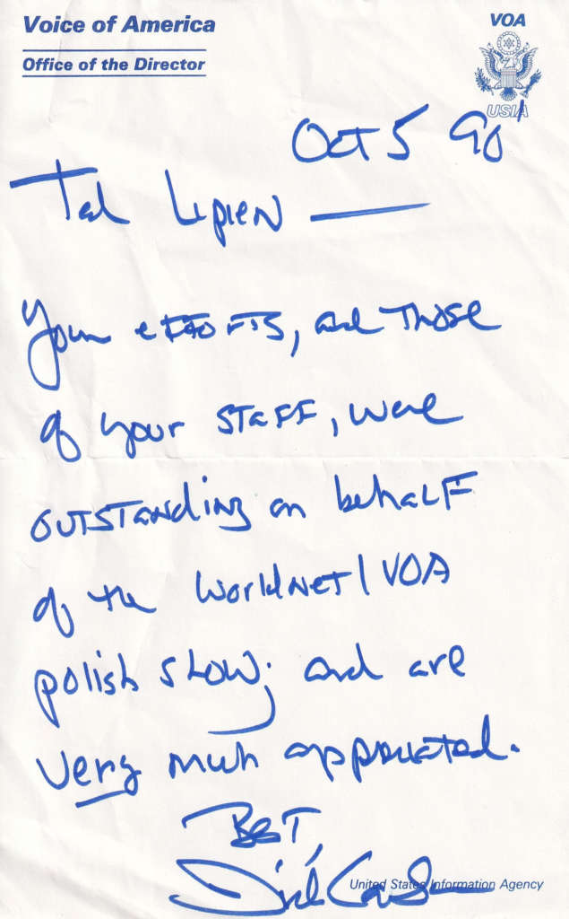 Note to Ted Lipien from Voice of America Director Richard Carlson, 1990.